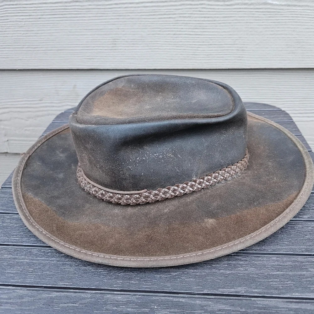 Zephyr Outback Western Rancher Hat Smooth Brown Leather w/ Chin Strap Vintage M
